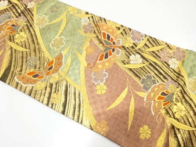 JAPANESE KIMONO / FUKURO OBI FOR FURISODE / SILK / WOVEN WEEPING SAKURA & BUTTERFLY